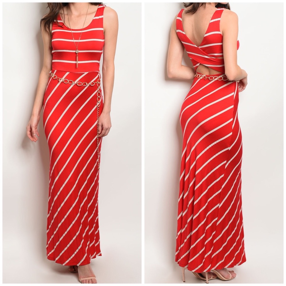 Red & Ivory Striped Open Back Maxi Dress 06018 - Picture 1 of 4
